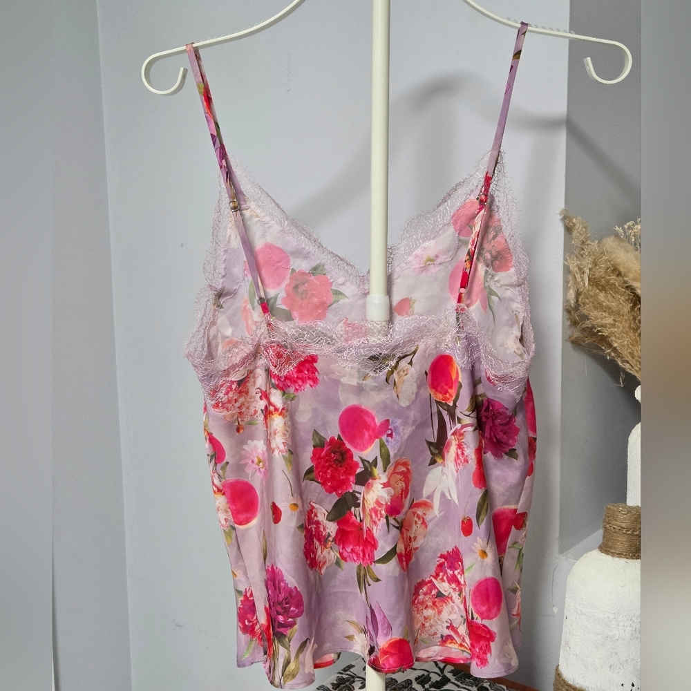 Victoria's Secret Floral Print Lace Spaghetti Strap Flowy Tank Top Purple Pink - Picture 4 of 5